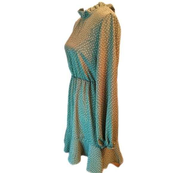 Chic Style sage olive green w/ white dots, knee length flowy dress S - Picture 3 of 7